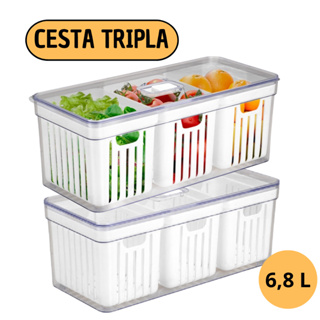 Organizador de Geladeira 6,8 Litros Com 3 Cesto Tampa Multiuso Alimentos Verduras e Vegetais em Oferta na Shopee