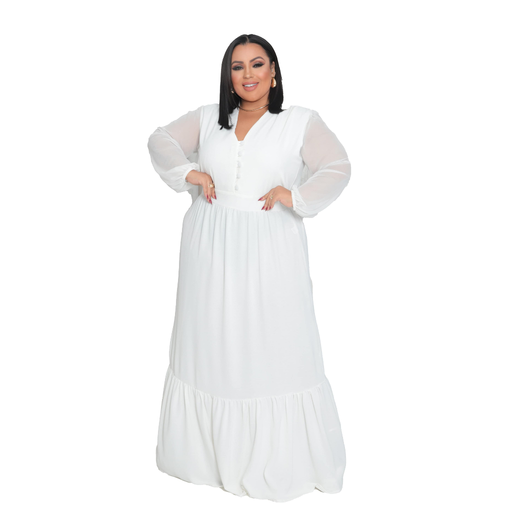 VESTIDO LONGO BRANCO FEMININO PLUS SIZE EVANGELICO COMEMORAÇÃO FORMATURA FESTA FIM DE ANO EVENTO CONRATERNIZAÇÃO FATIMA
