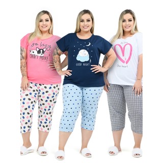 Kit 3 Pijamas Feminino Pescador  Algodão Curve Plus Size Modelagem Ampla G1 ao G6 Não Aperta
