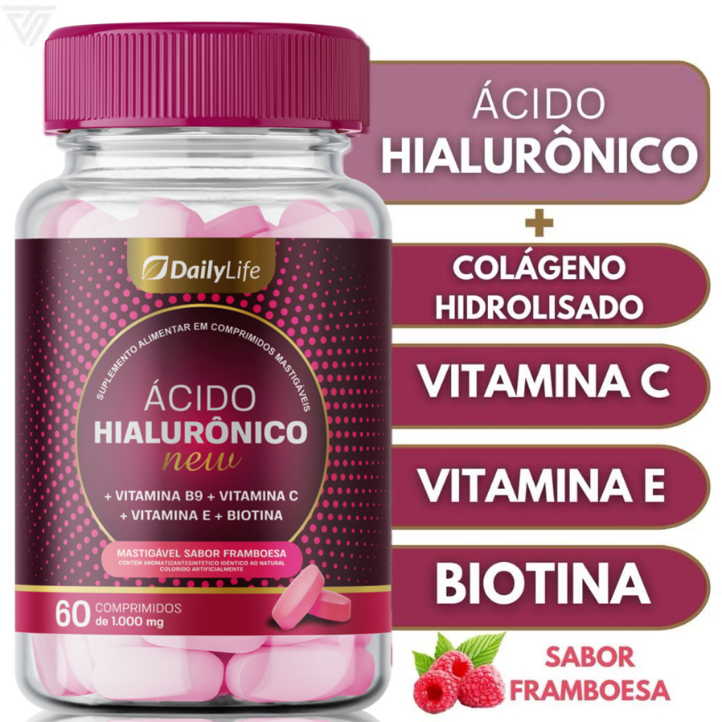 Ácido Hialurônico Com Colágeno 60 Comp Mastigáveis Sabor Framboesa