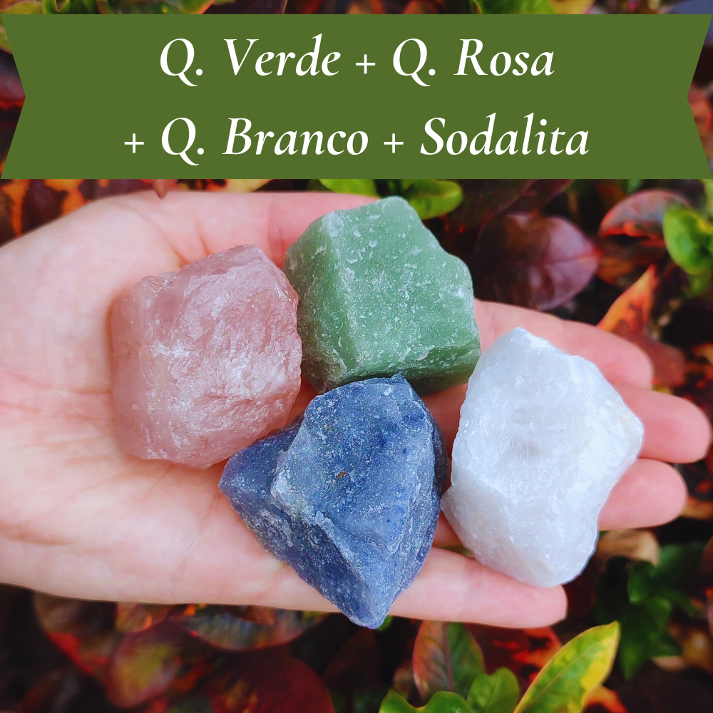 Kit 4 Pedras de Cura: Quartzo Verde + Q. Rosa + Q. Branco + Sodalita | Pedras Cristais Naturais