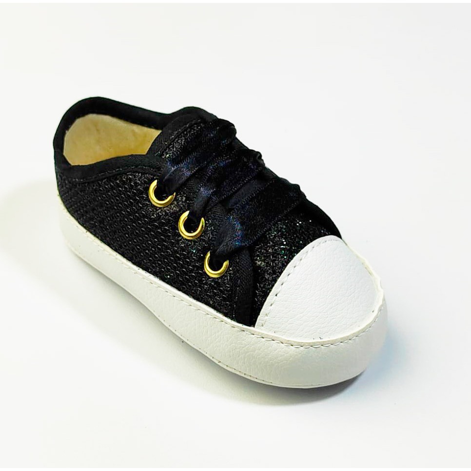 Tênis Sapatinho Bebê All Star Baby Menina Glitter Preto Cadarço Lona Sapato para Bebê RN Para Customização