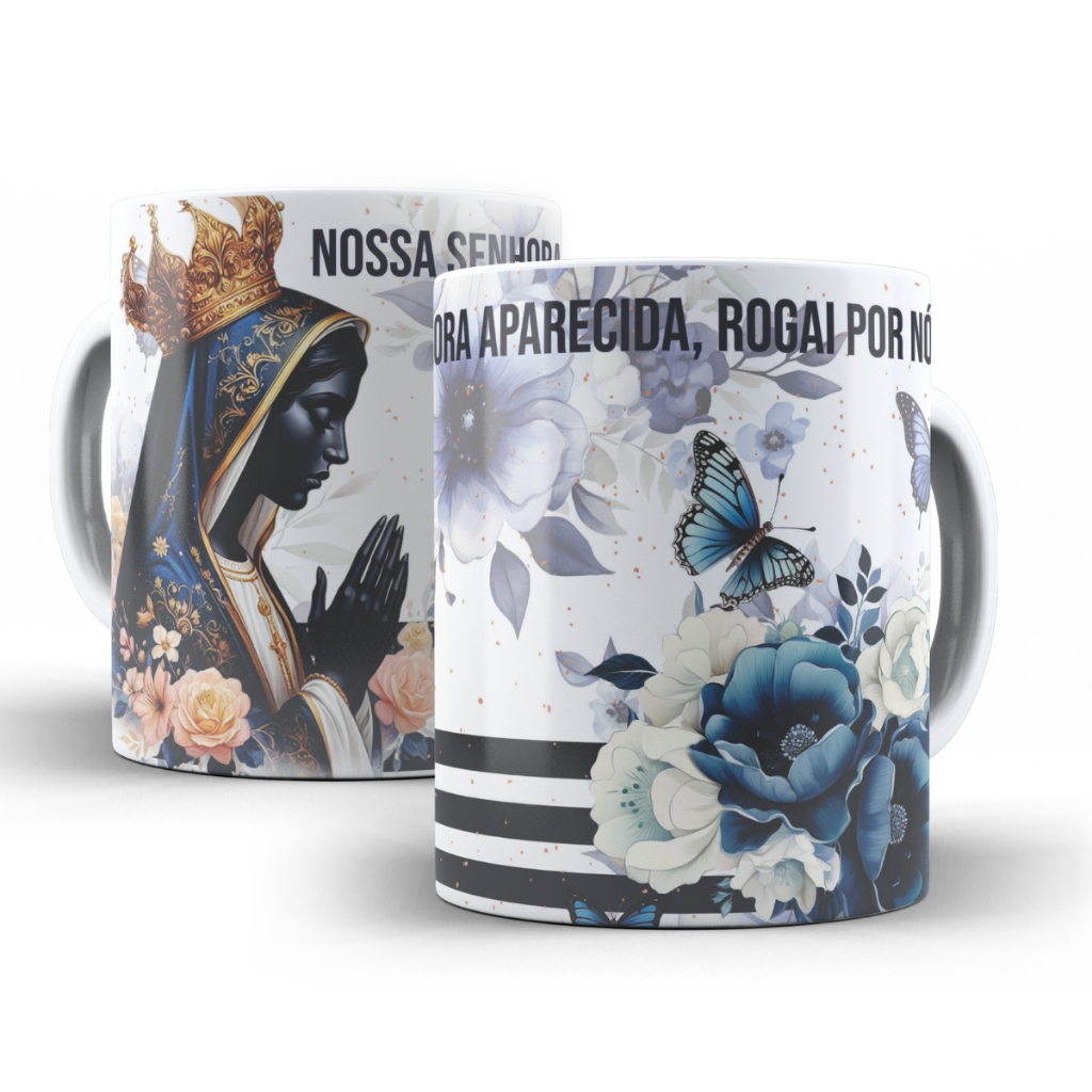 Caneca Nossa Senhora Aparecida em cerâmica Branca 325ml Religiosa Decorativa catolica presente