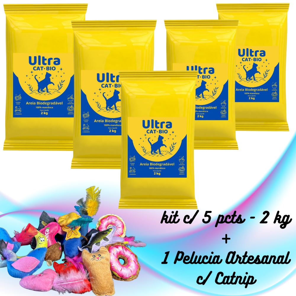 Areia Natural Para Gatos Grão Médio 5x2 kg- Smart Ultra Cat Bio + Pelucia Cat nip -Biodegradável- Alta absorção