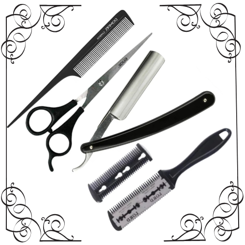 KIT  1 TESOURA, 1 NAVALHETE, 1 PENTE FINO E  1 PENTE NAVALHA.