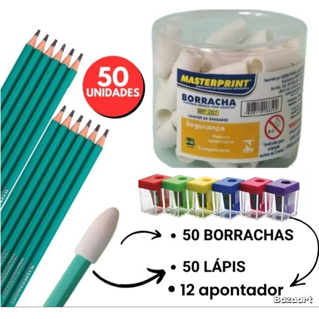 Kit 50 lápis de Escrever Nº2 Preto + 50 Borracha Escolar Ponteira Branca +12 Apontador Escola Estudo em Oferta na Shopee
