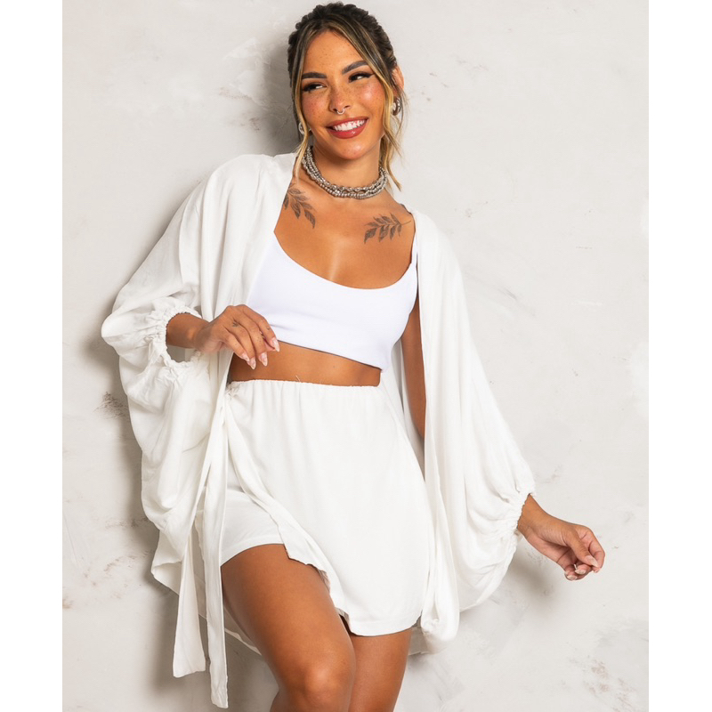 Conjunto Kimono + Short Saia Ano moda Chic elegante Feminino