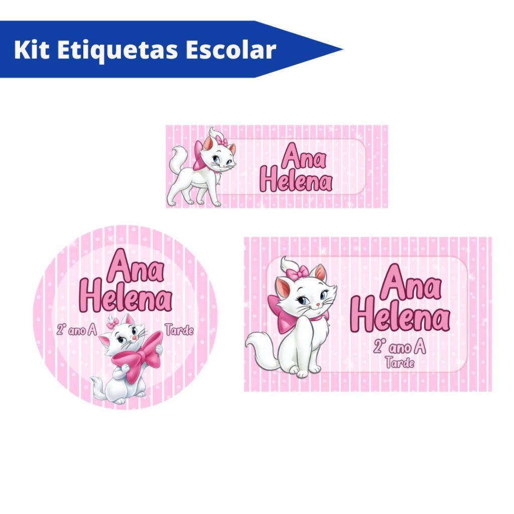 Kit Etiqueta Escolar Gata Marie Personalizada - Prova D'água - Chaveiro Personalizado