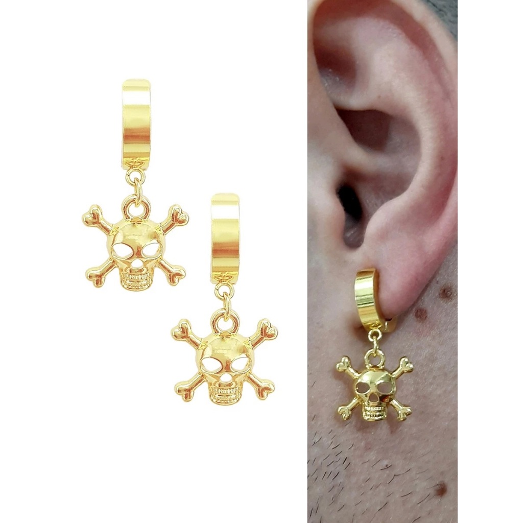 Brinco Caveira de Pressão Dourado Prata Masculino Feminino Aço Inoxidável