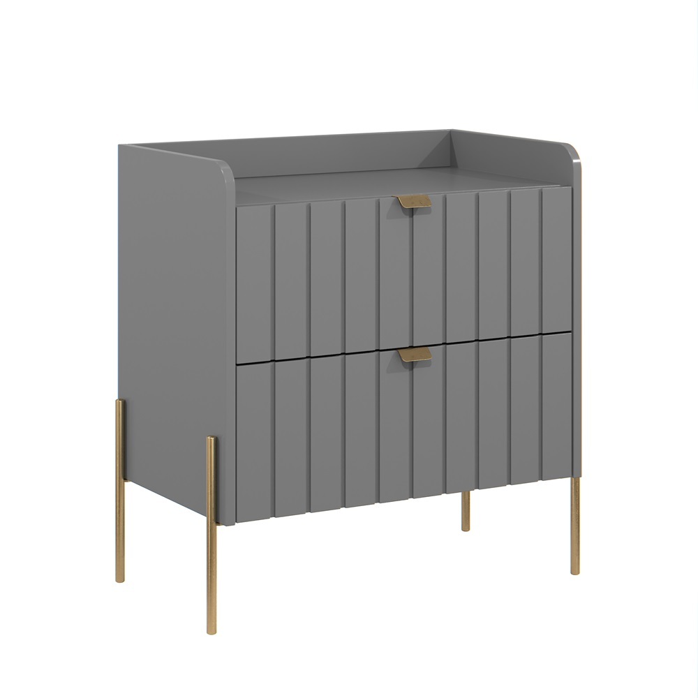 Mesa Cabeceira Com 2 Gaveta Madeira Mdf Moriah 60cm Para Quarto Grande C/ Puxadores Pés Aço Dourado