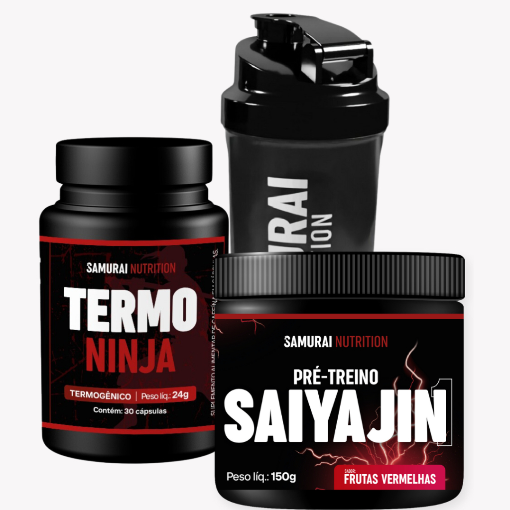 Kit Pré Treino Saiyajin 150g + Termogênico Ninja 30 Cápsulas + Coqueteleira 600ml Samurai Nutrition em Oferta na Shopee