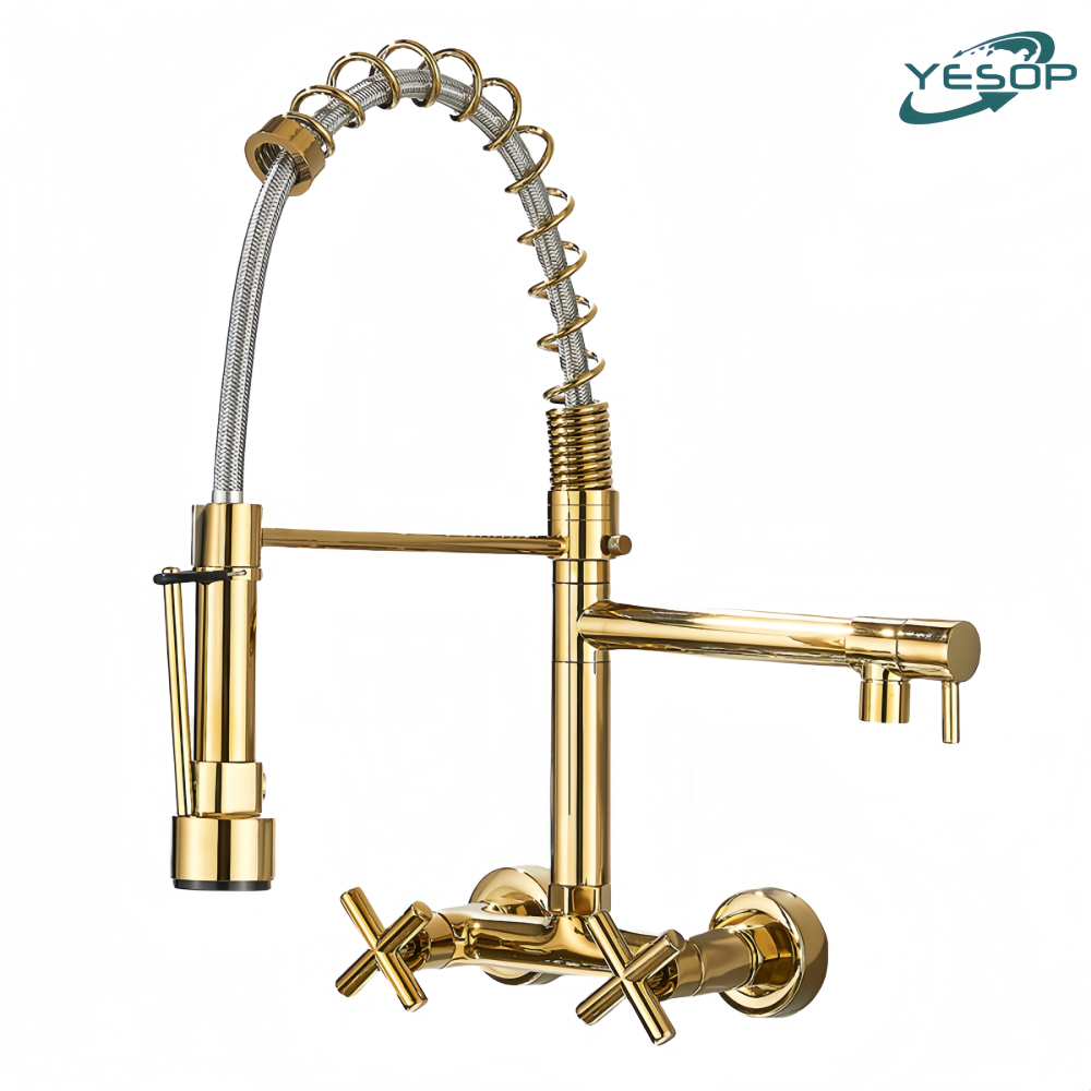 Torneira Dourada Cozinha Gourmet De Parede Controle Dupla Quente E Fria Luxo Brilhante Yesop em Oferta na Shopee