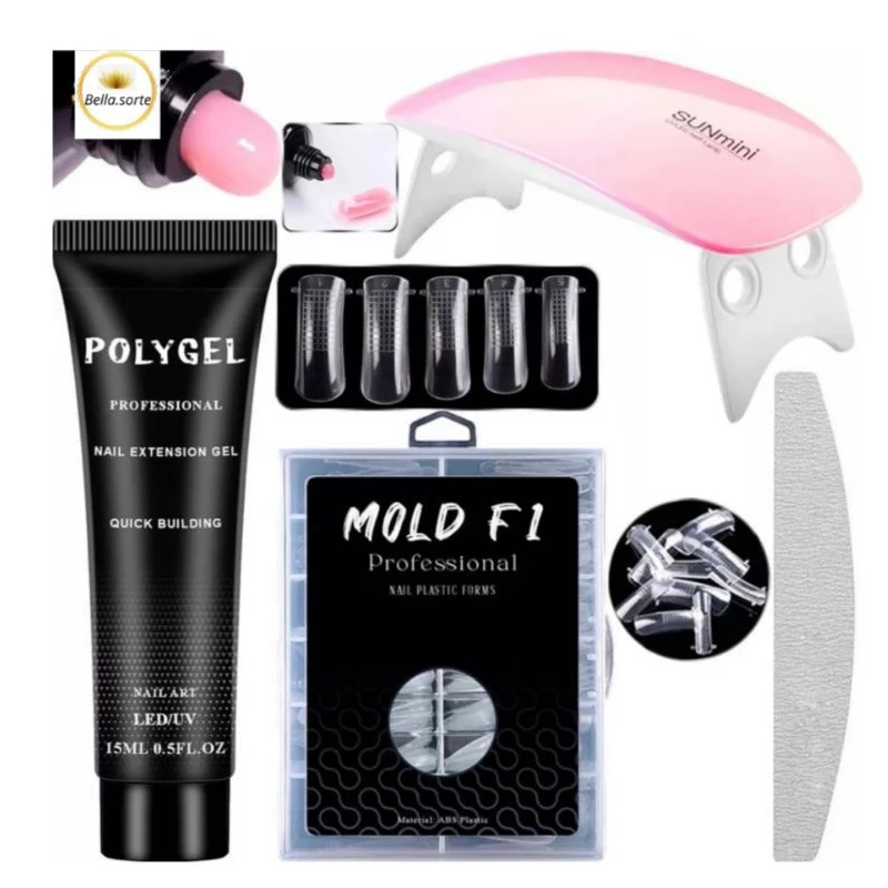 Kit Alongamento Poligel Polygel + Molde F1 + Lixa + Mini Cabine De Unha Iniciante