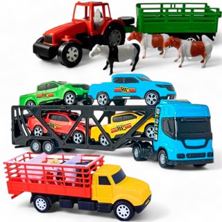 Kit Brinquedo Caminhão Cegonha Com 4 Carros Pickups + Trator Com 3 Bois Animais + Caminhão Mini Boiadeiro com 4 Bois em Oferta na Shopee