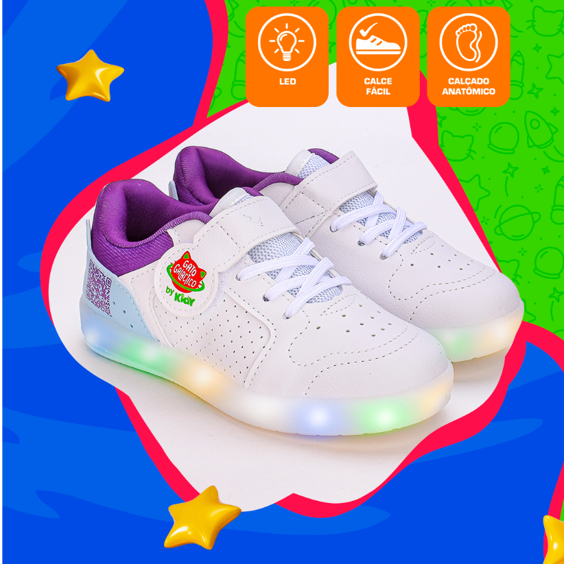 Tênis Infantil Menina Luz e Led Kidy Hype Gato Galáctico Duda E Luna Branco Roxo em Oferta na Shopee