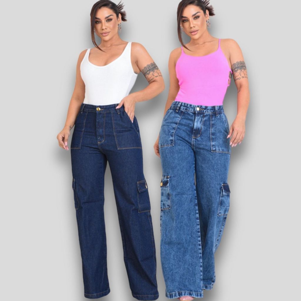 Kit 2 Calça Jeans Cargo Bolso Lateral Wide Leg Pantalona Cintura Alta Moda Feminina
