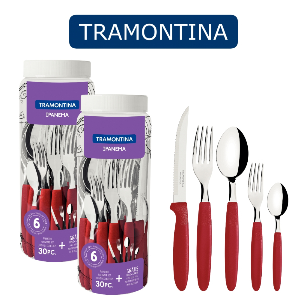Jogo 60 Talheres Faqueiro Tramontina Faca Garfo Colher Vermelho em Oferta na Shopee