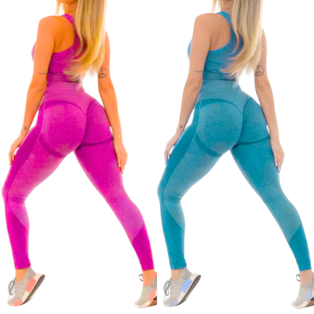 Conjunto Calça Levanta Bumbum Cropped Top Sem Costura Para Treino Academia Yoga Crossfit Corrida