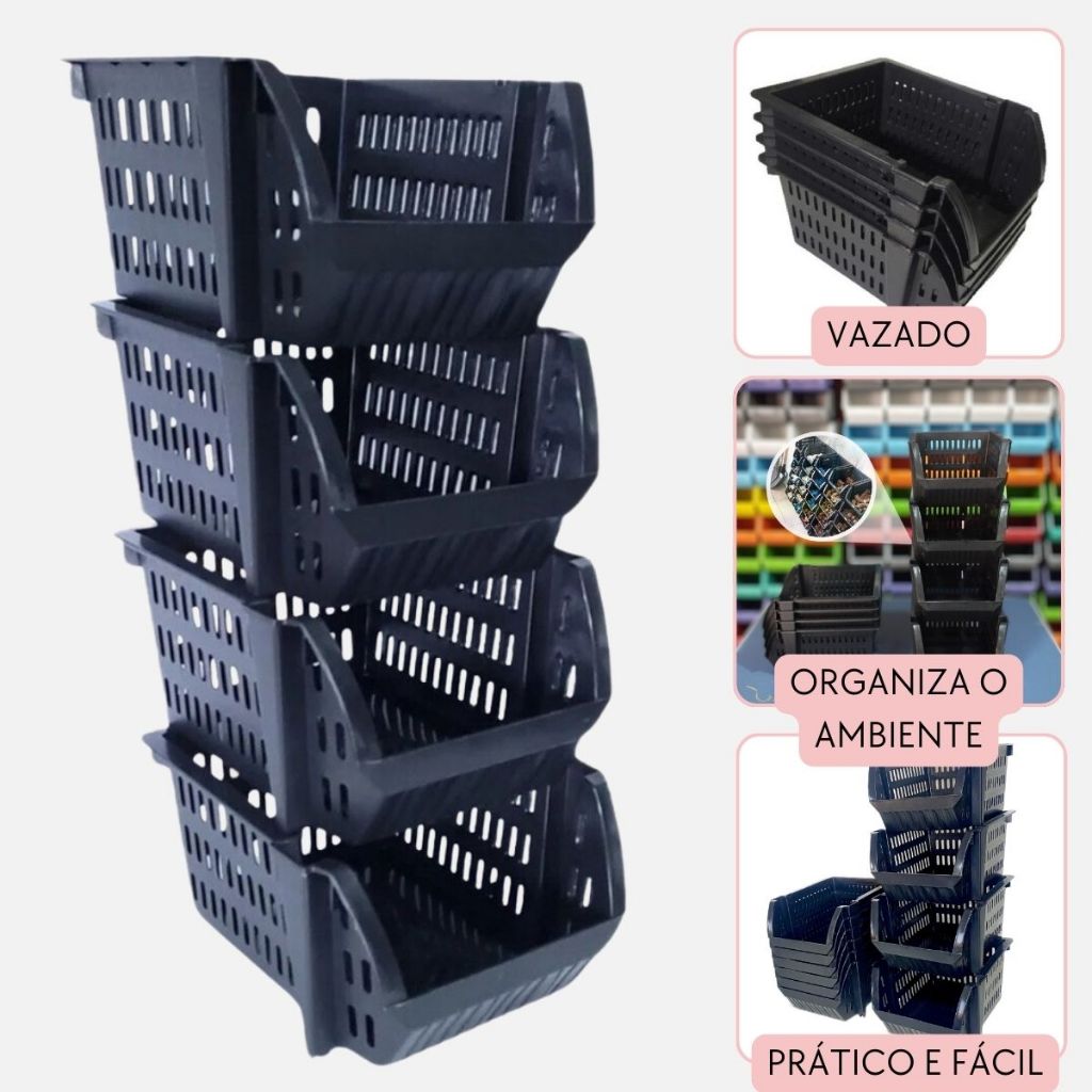Kit Cesto Caixa Empilhavel Bin Expositor Cesto Organizador Plástico ENVIO IMEDIATO em Oferta na Shopee