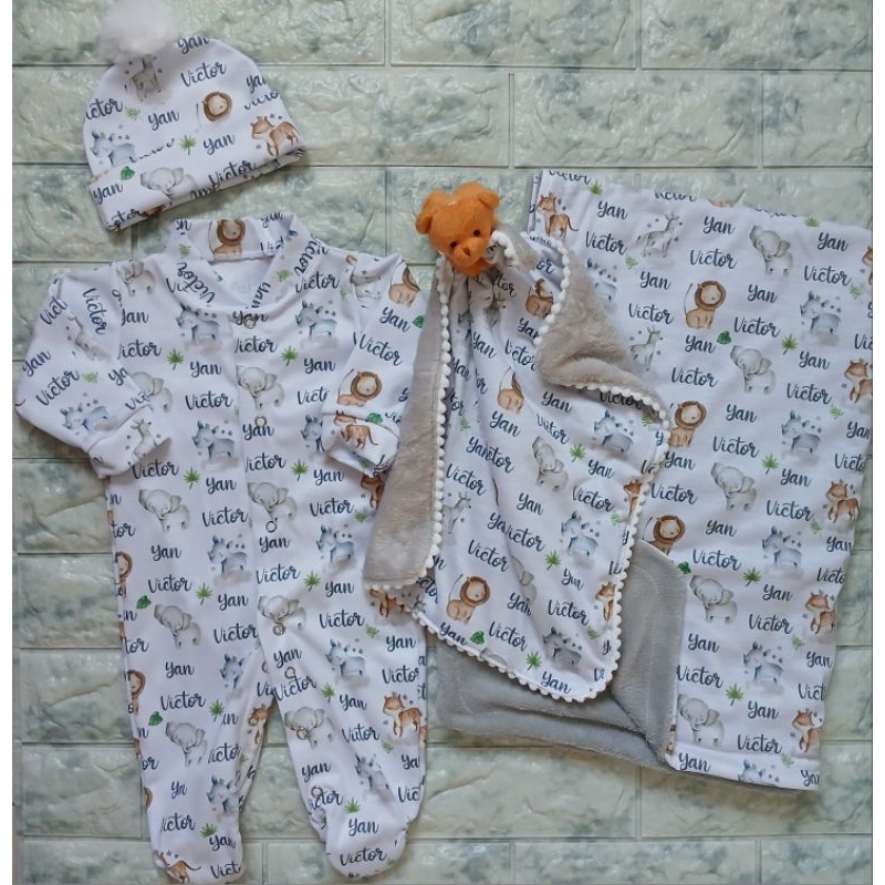 Saída Maternidade personalizada com 4 peças - Macacão, touca, manta e naninha - Kit Bebê Menino com nome em Oferta na Shopee