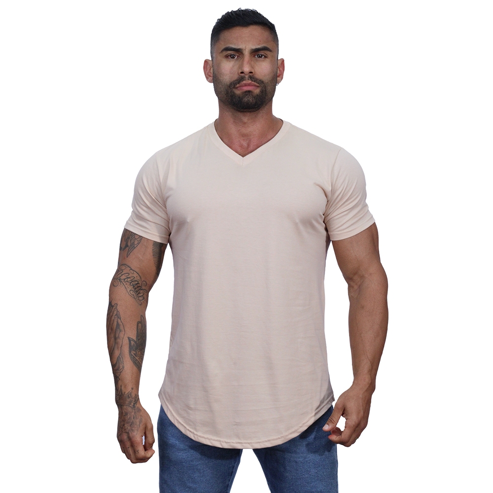 Camiseta Longline Decote V Masculina MXD Conceito 100% Algodão 30.1 Penteado PIMA-USA Cores Lisas