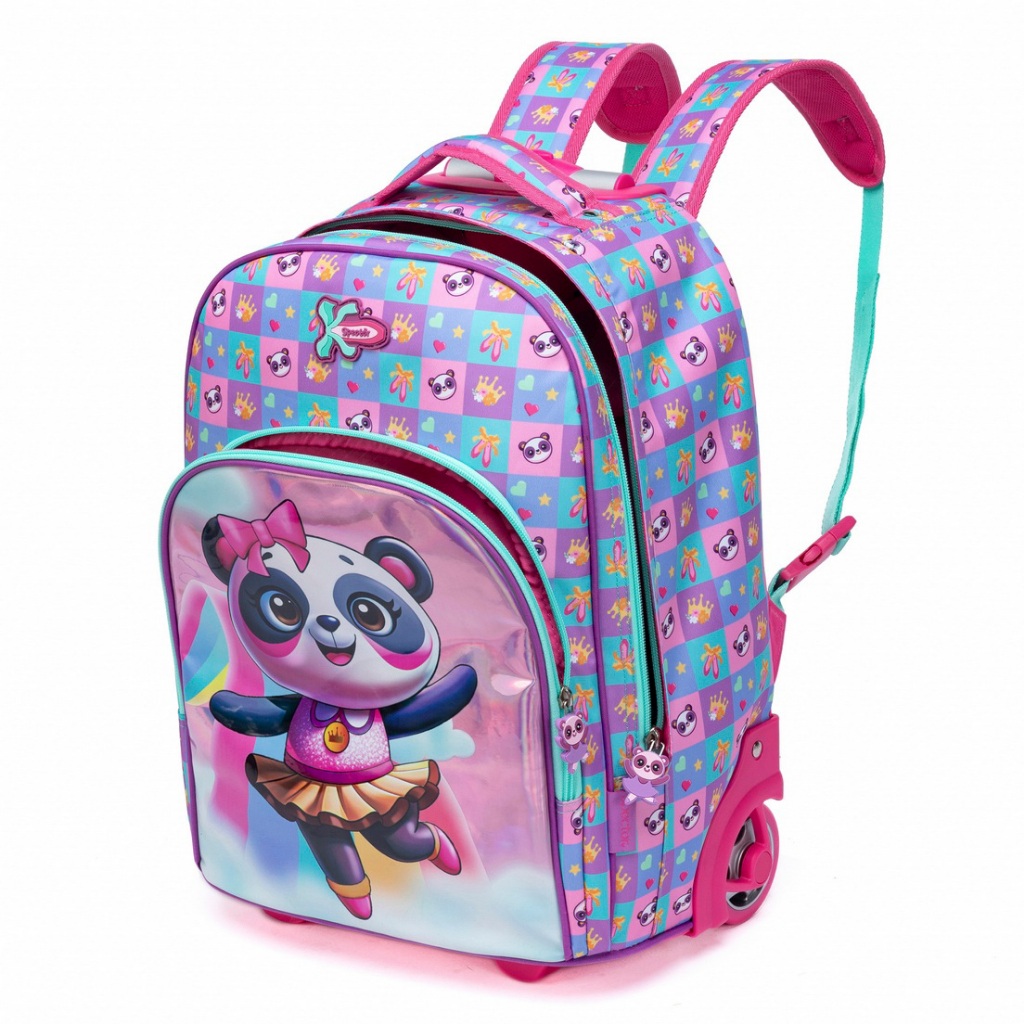 Detalhes do Kit Escolar Mochila Panda Infantil Carrinho + Lancheira + Estojo Menina
