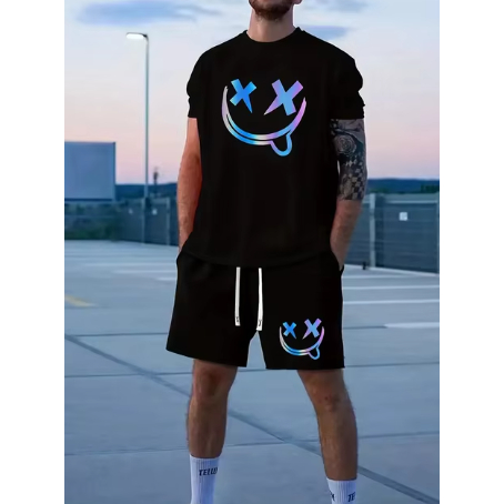 Conjunto Camiseta Oversized Larga+Bermuda Moletom Sorriso Lingua Colorido Confortavel