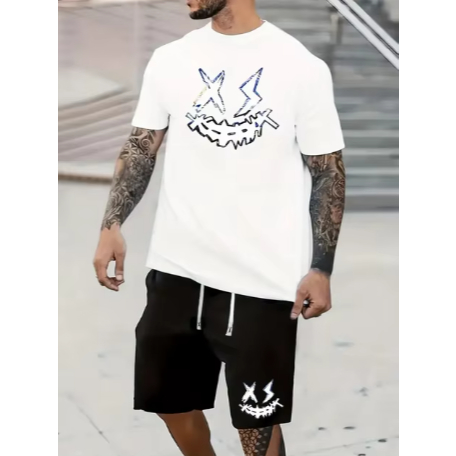 Camiseta Oversized Larga+ Bermuda Moletom Conjunto Estampa Sorriso Raio Zangado Moda Confortavel