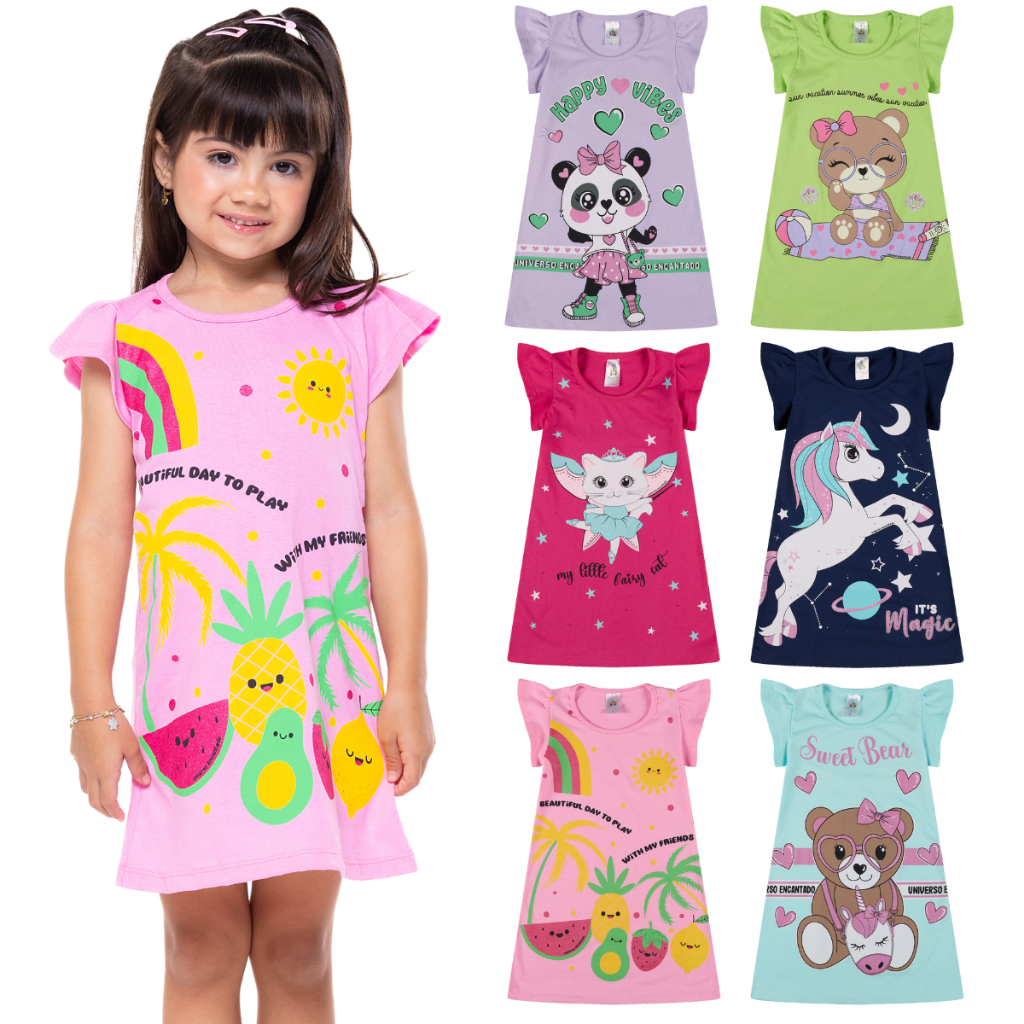 Kit 4 Vestido Infantil Menina Verão Estampados 100% Algodão com Mangas Franzidas - Kit Sortido Tamanhos 1 ao 10 em Oferta na Shopee