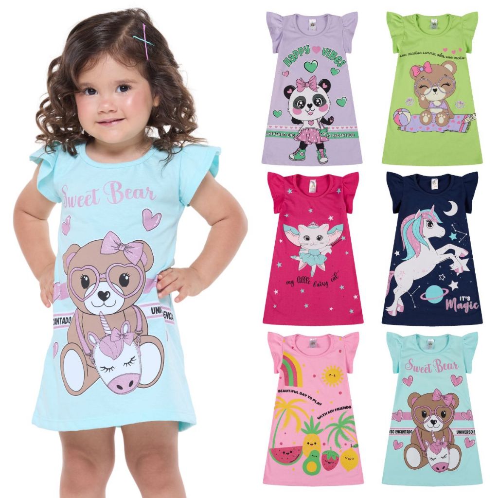 Kit 4 Vestido Bebe Menina Verão Estampados 100% Algodão com Mangas Franzidas - Kit Sortido...