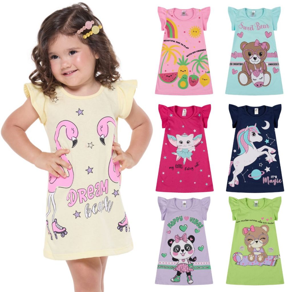 Kit 3 Vestido Bebe Menina Verão Estampados 100% Algodão com Mangas Franzidas - Kit Sortido Tamanhos 1 ao 10 em Oferta na Shopee