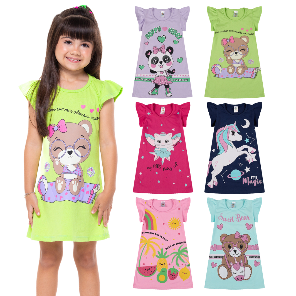 Kit 3 Vestido Infantil Menina Verão Estampados 100% Algodão com Mangas Franzidas - Kit Sortido Tamanhos 1 ao 10 em Oferta na Shopee
