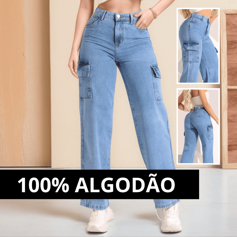 Calça Jeans Feminina Cargo Wide Leg Cintura Alta Levanta Bumbum 100% Algodão Confortável Pantalona