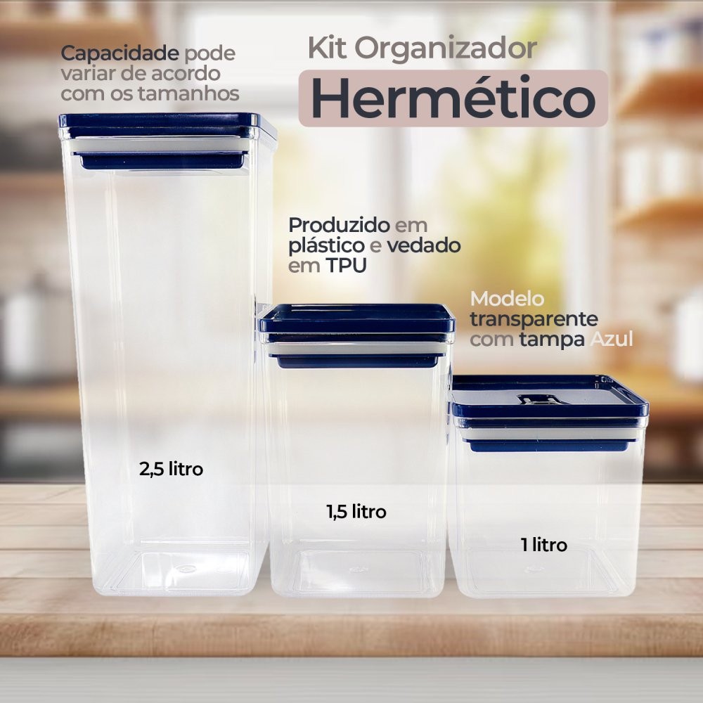 Kit Potes Herméticos 3 Peças Dubai 5 Litros Mantimentos Cozinha Empilhável Trava Alavanca Acrílico Transparente Sortido