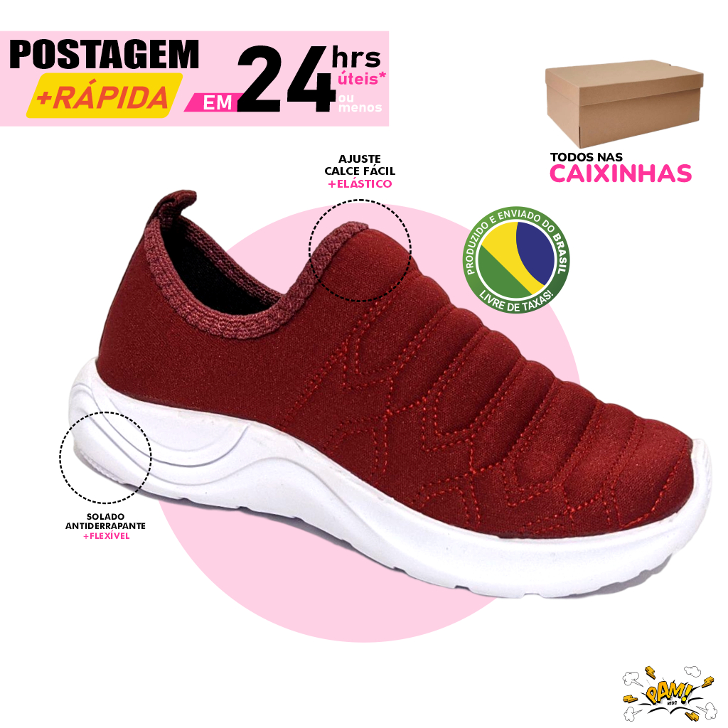 Calce facil infantil Tenis sem cadarço slip on menina barato loja fabrica marsala vinho bordo leve em Oferta na Shopee