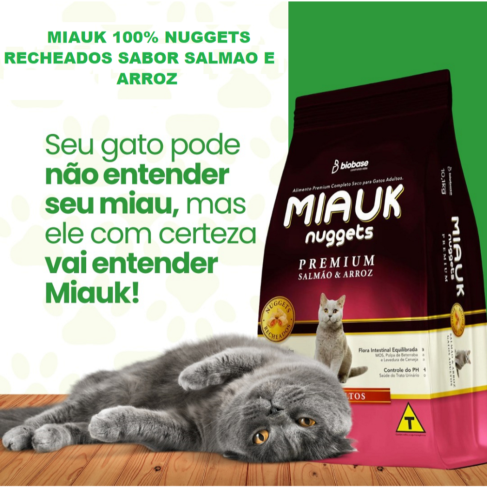 RACAO MIAUK 100% NUGGETS RECHEADOS GATO ADULTO SALMAO E ARROZ A GRANEL 2KG
