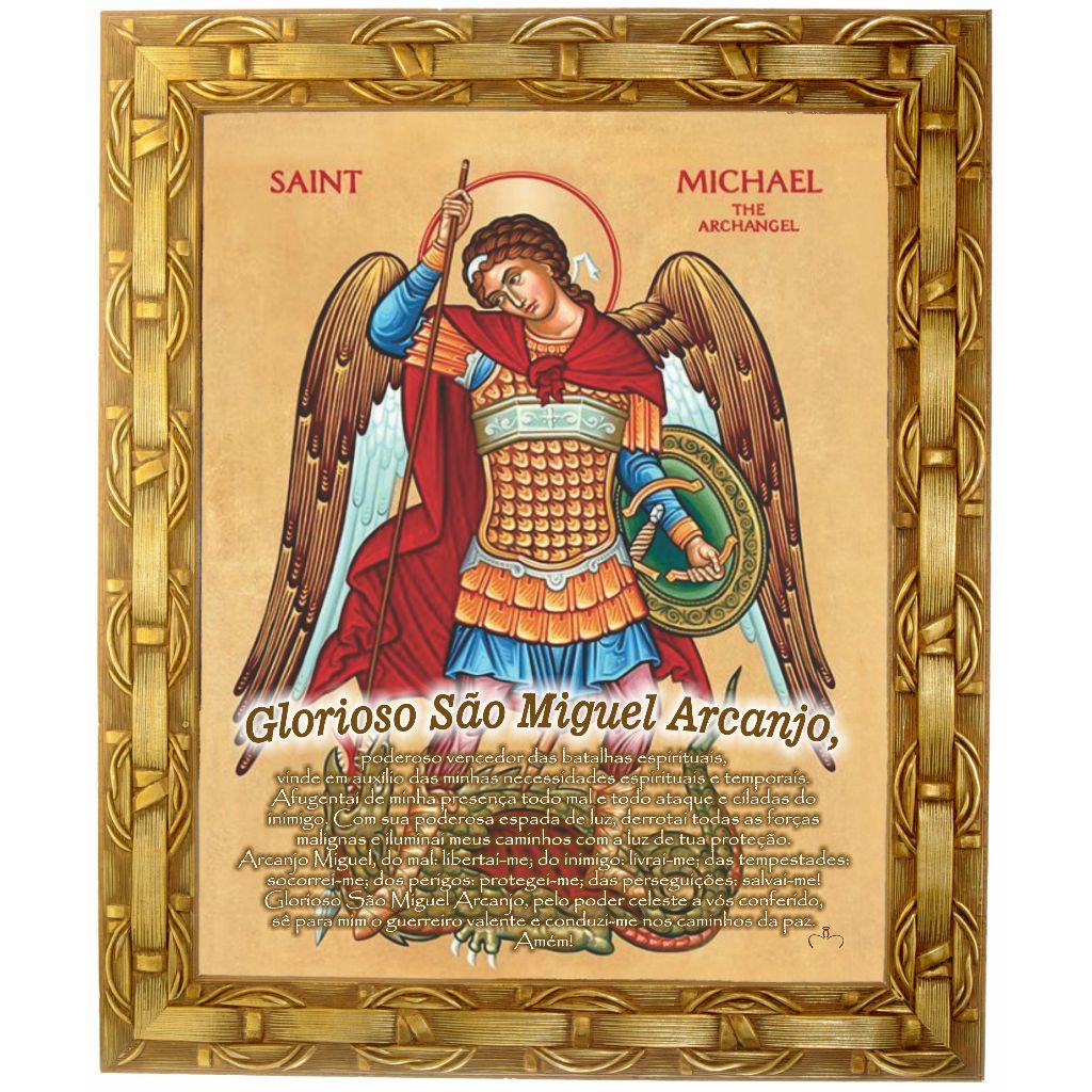 Quadro decorativo e religioso  de São Miguel Arcanjo, com oração, ìcone, modelo 02,  medindo 30x25 cm., Angelus