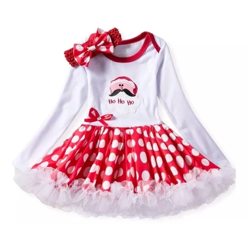 Vestido Infantil Bebê Branco Temático De Natal de Papai Noel e com Tiara Importado