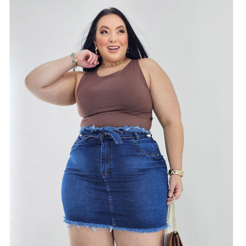 Saia Jeans Cintura Alta Plus size Barra Desfiada