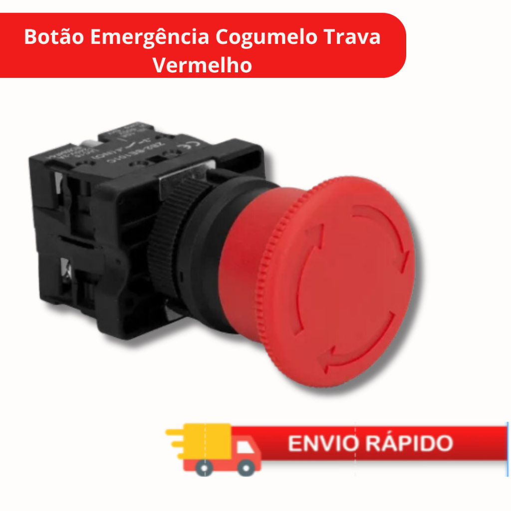 Botão Emergência Cogumelo  Gira Trava de  Emergência Vermelho 1 Nf 22mm