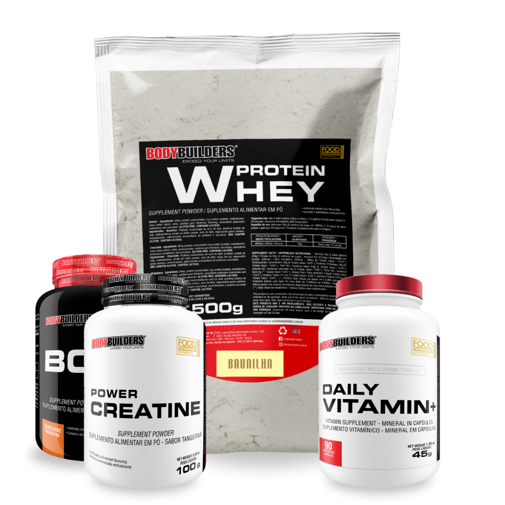 Kit Whey Protein 500g + Power Creatina 100g +  BCAA 4,5 100g + Daily Vitamin 90 caps - Bodybuilders em Oferta na Shopee