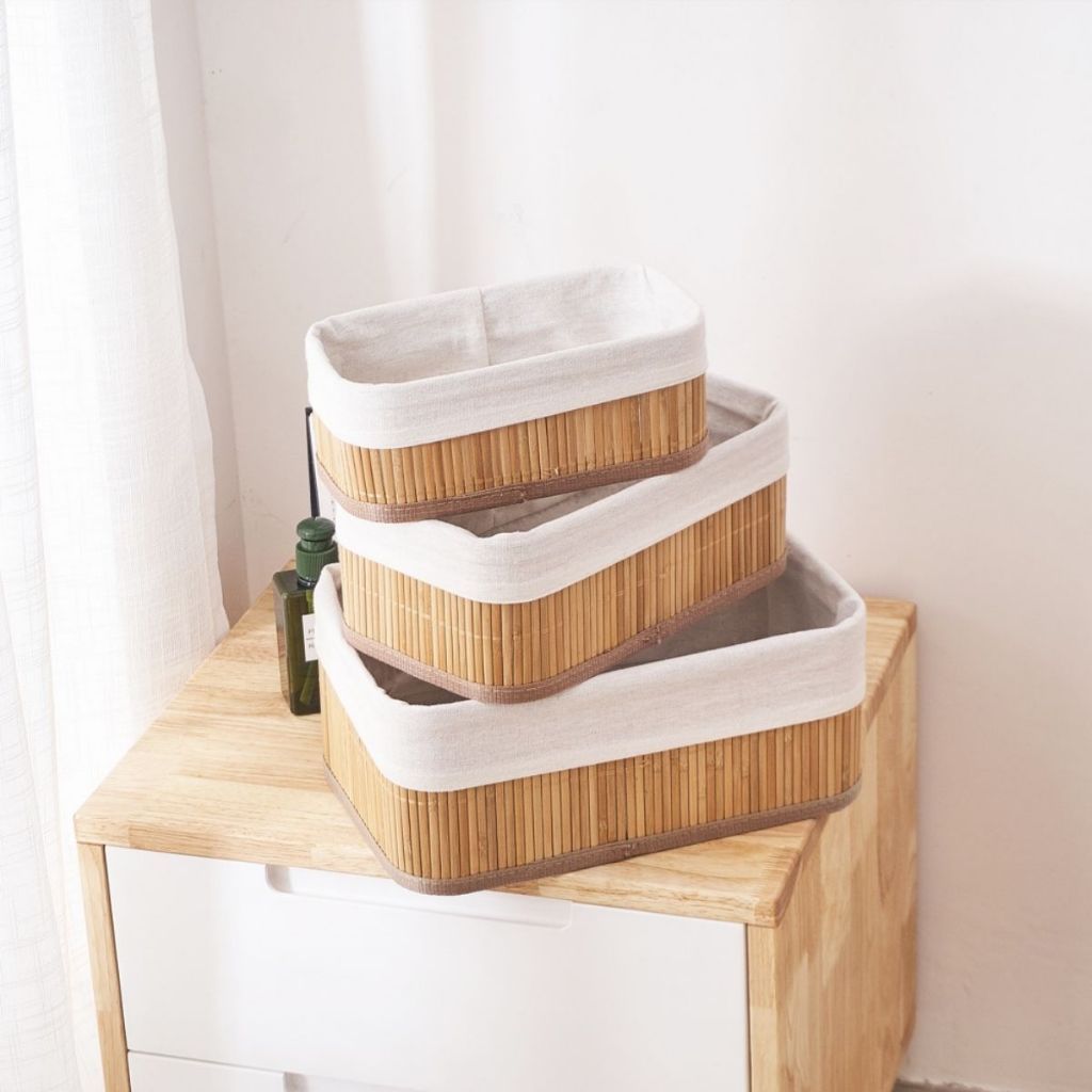 Kit 3 Cestos Bambu Organizador Multiuso