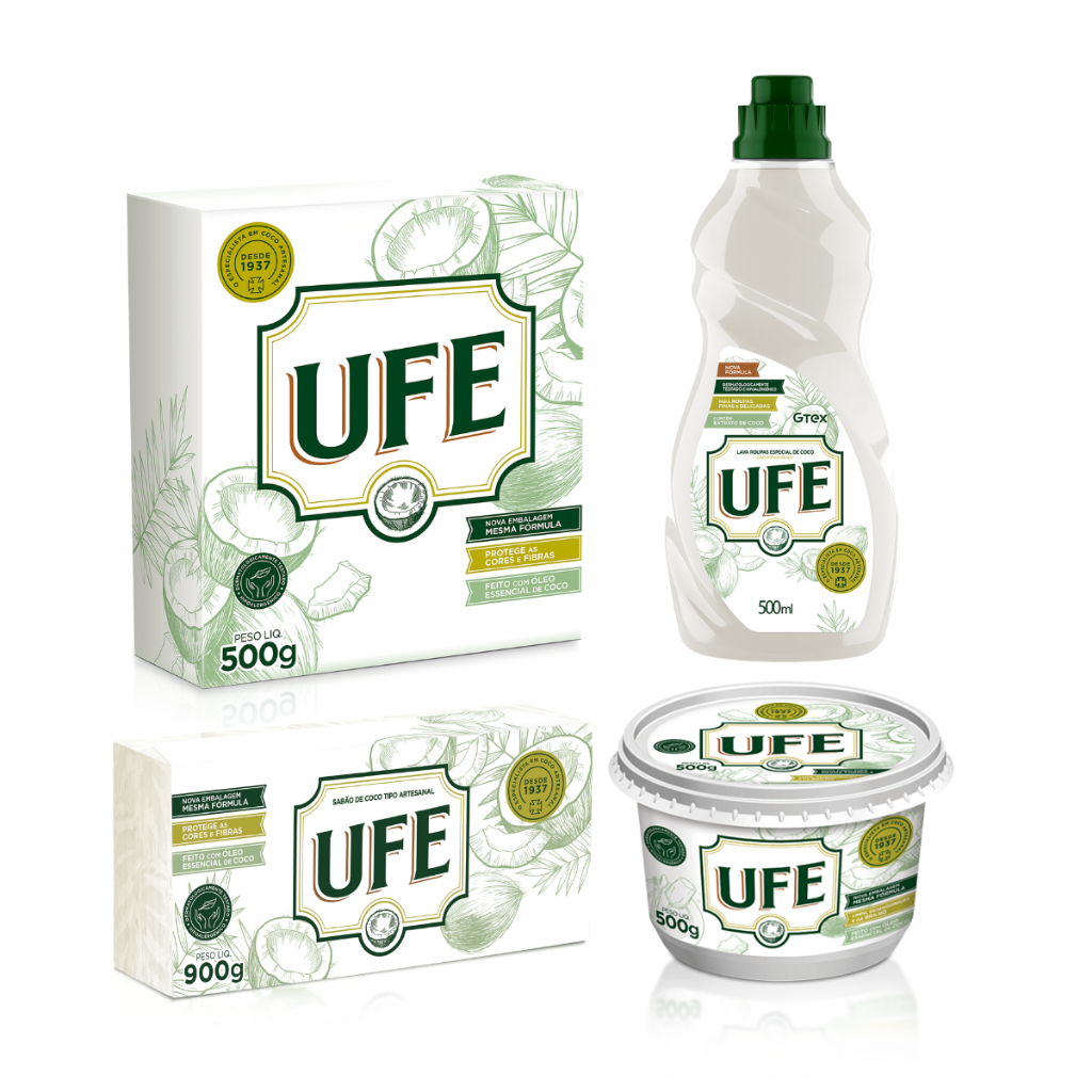 Kit UFE - 1 Lava Roupas Líquido Coco + 1 Sabão em Pasta Coco + 1 Sabão de Coco em pedra 90...