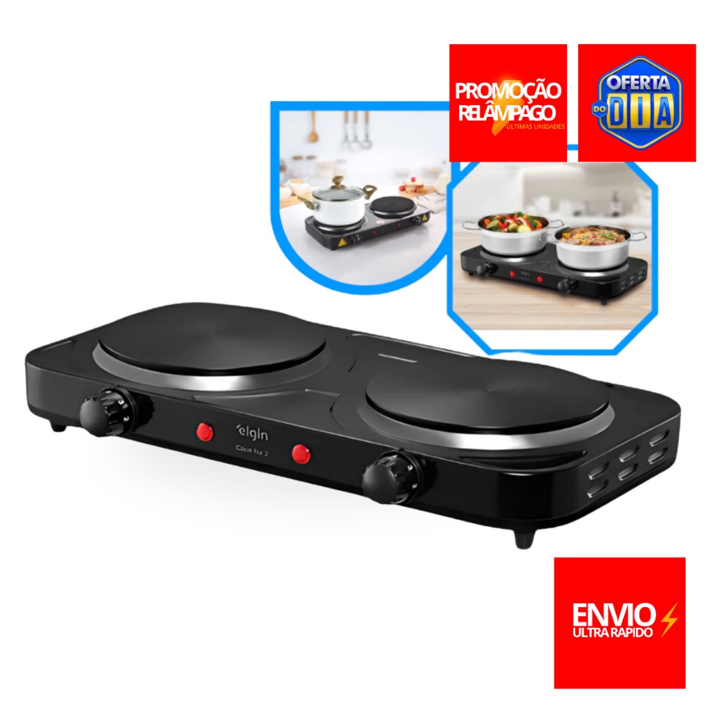 Fogão Elétrico Portátil Fogareiro Cooktop Camping Mesa Inox 2 Bocas 2000W De Mesa