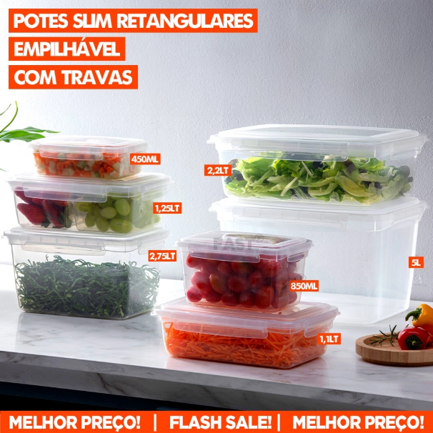 Kit Conjunto de 7 Potes e Marmita Tampa Com Trava Hermética Organizador de Geladeira Comida Fitness
