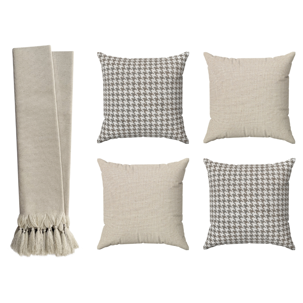 Kit Manta Decorativa Para Sofá Grande + 4 Capas Pied De Poule Bege Cru