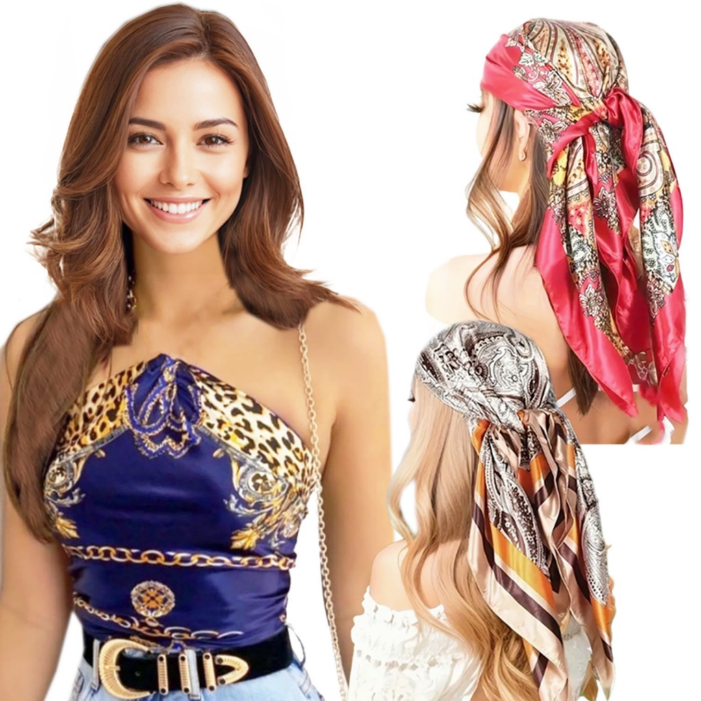 Kit 3 Lenço Cetim Grande Estampas Sortidas - Camponesa Bandana Cabelo Cropped Echarpe Bbb Famosos