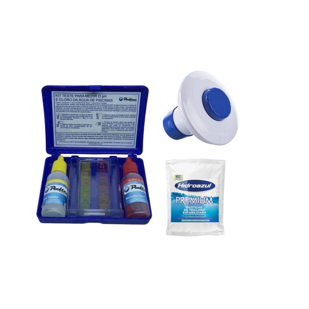 Kit 20 Pastilha Cloro + Mini Clorador Dosador Flutuante + Estojo Teste Agua PH/CL - Limpeza Piscina
