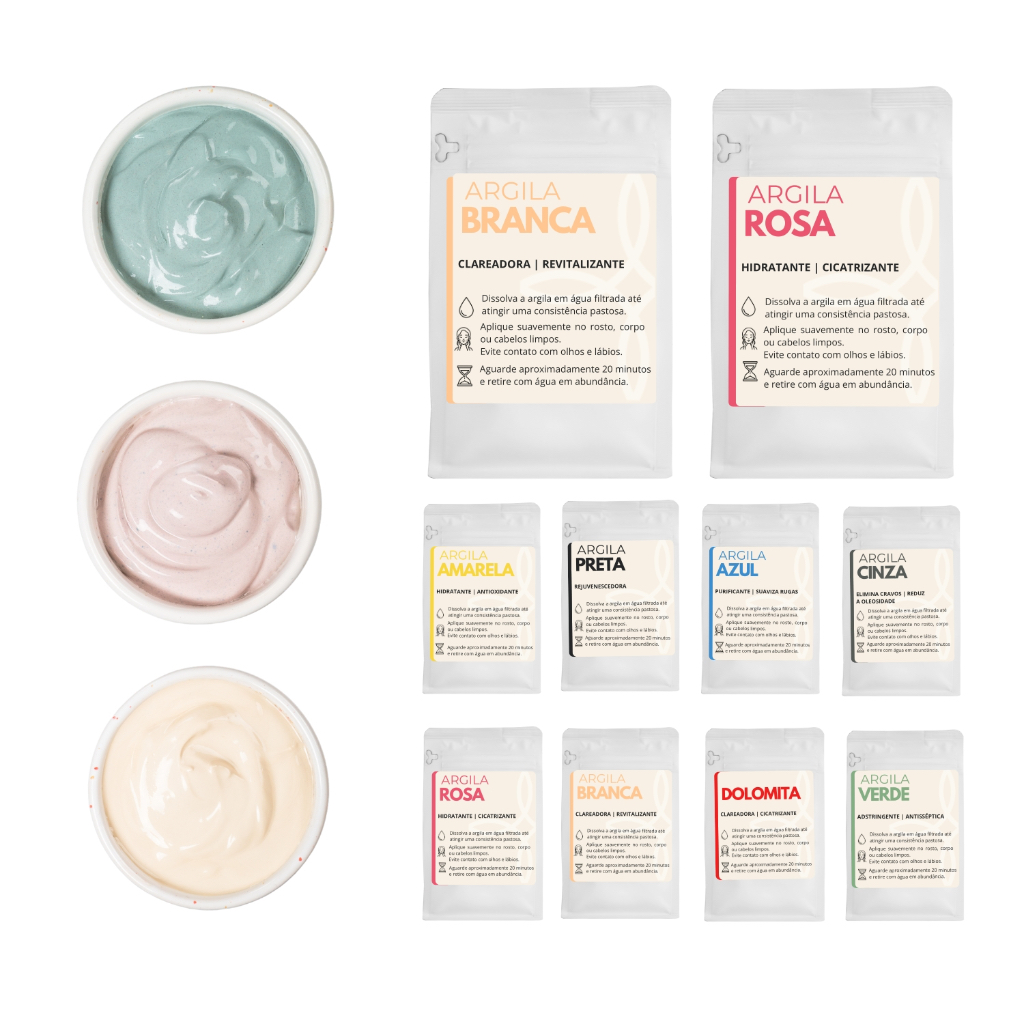 Combo Argila 1kg Verde Branca Amarela Rosa Preta 200g Cada - Máscara Facial Corporal e Capilar