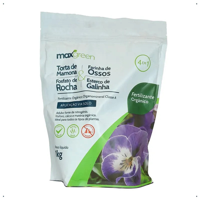 Fertilizante Adubo Maxgreen Torta de Mamona + Farinha de Ossos + Esterco Galinha + Fosfato de Rocha (4em1) - 1Kg
